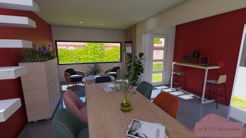 Idee per una grande sala da pranzo con pareti rosse, pavimento in cemento e pavimento grigio