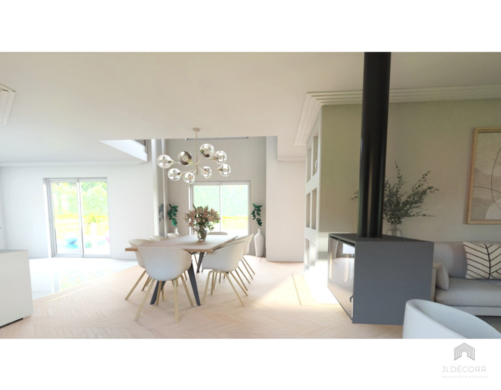 This is an example of a mid-sized transitional open plan dining in Other with white walls, marble floors, a hanging fireplace, white floor and recessed.