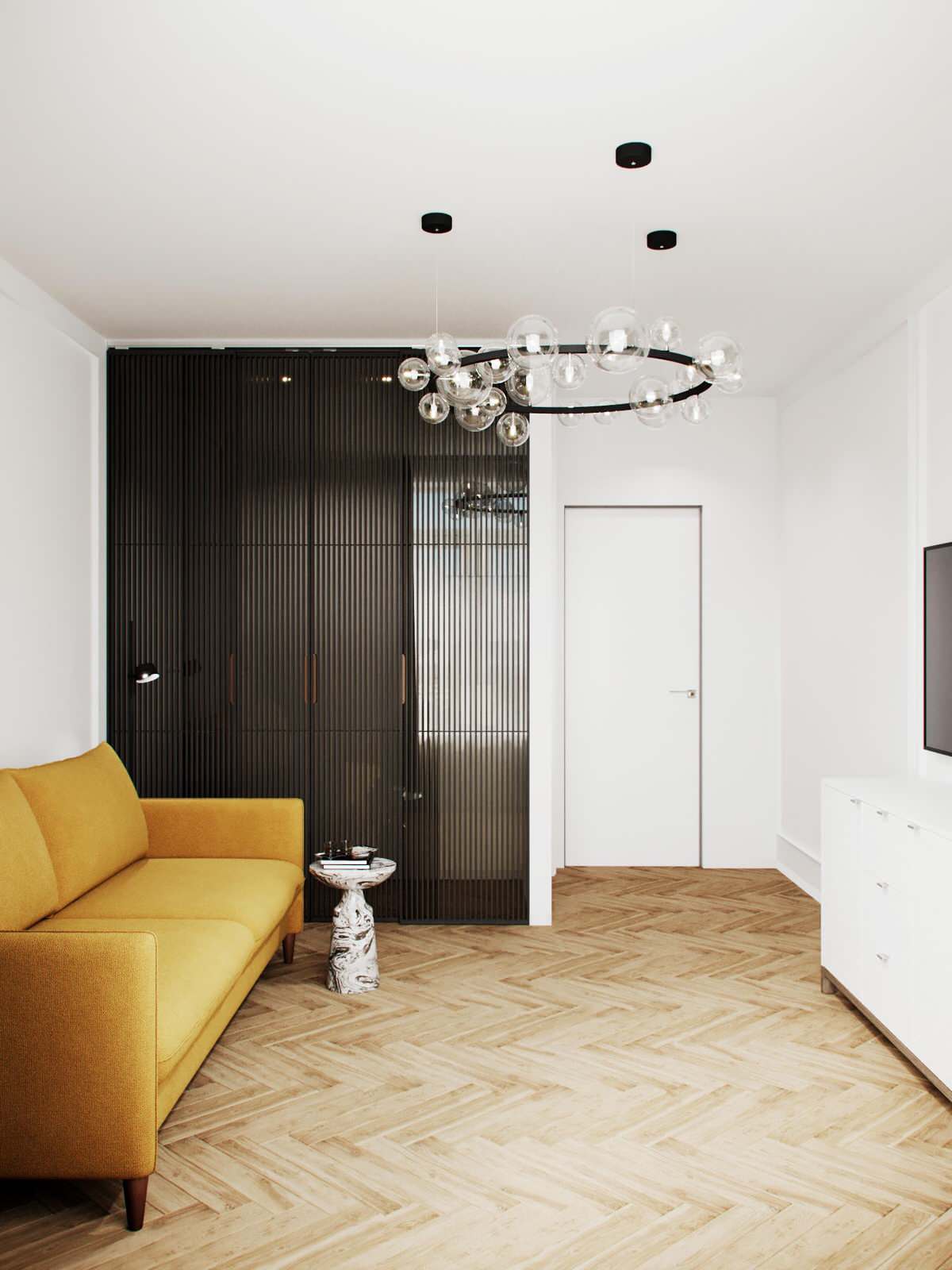 Cовременная квартира, дизайн интерьера в светло-темных тонах в ЖК "Георг Ландрин