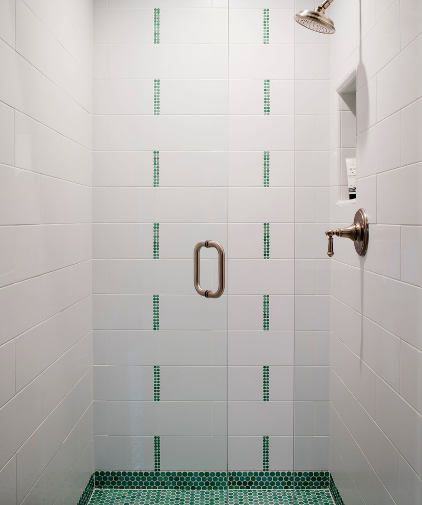 Photo of a small beach style 3/4 bathroom in San Francisco with an alcove shower, green tile and ceramic tile.