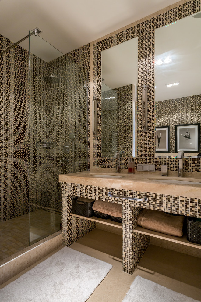 This is an example of a contemporary 3/4 bathroom in Moscow with open cabinets, brown cabinets, an alcove shower, brown tile, mosaic tile, an undermount sink and an open shower.