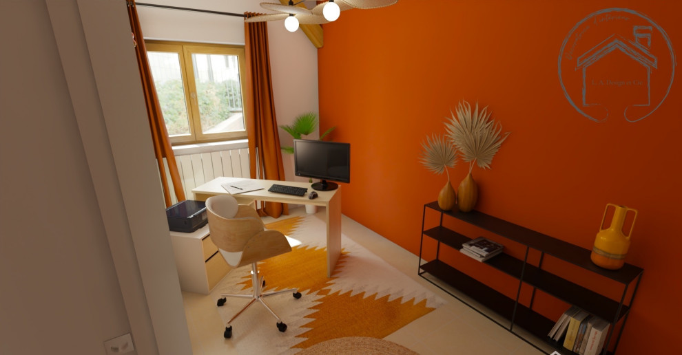 Small island style freestanding desk light wood floor and beige floor home office photo in Lyon with orange walls