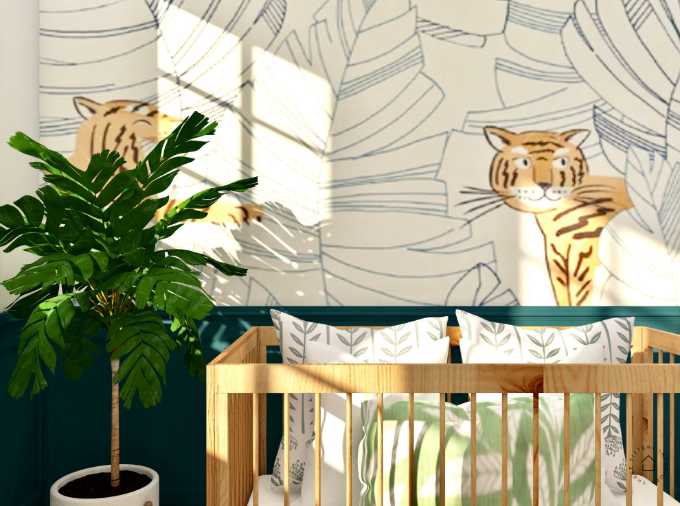 Ispirazione per una cameretta per neonato tropicale di medie dimensioni con pareti blu, parquet chiaro e pavimento marrone