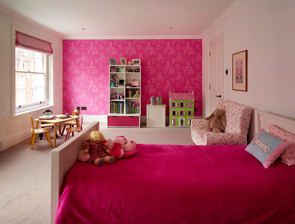 Large traditional kids' room in London with white walls and carpet.