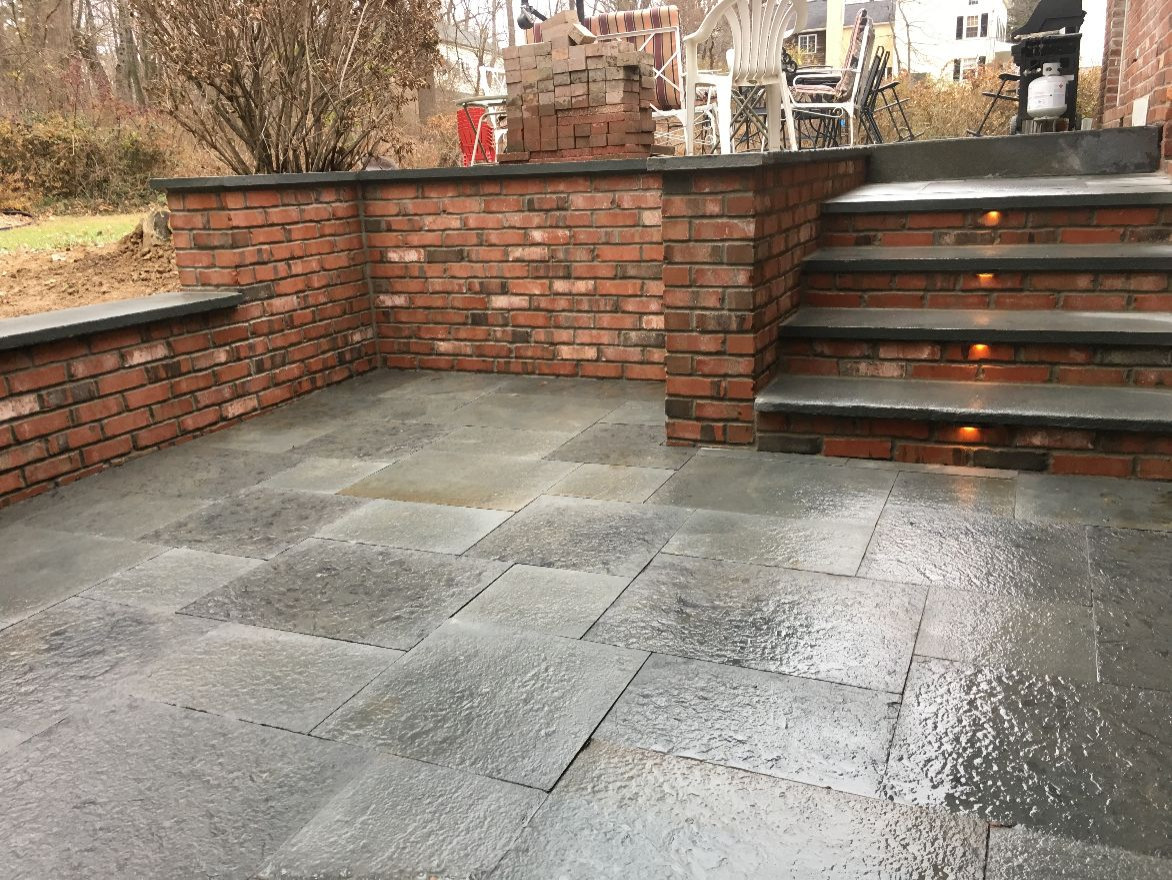 Patio with brick sitting walls and steps