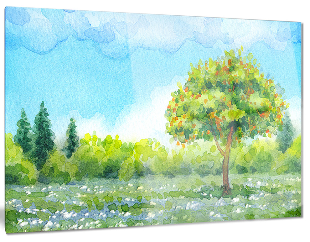 "Tree in Spring" Watercolor Painting Landscape Metal Wall Art, 28"x12"