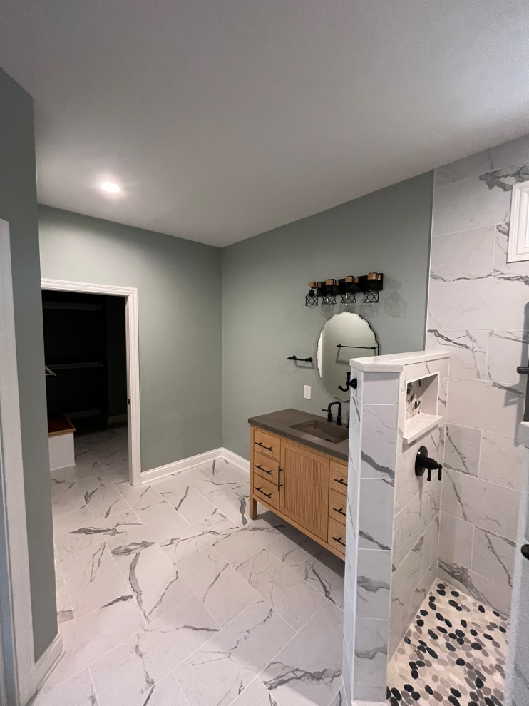 Modern Bathroom with Dual Vanities and Walk-In Shower