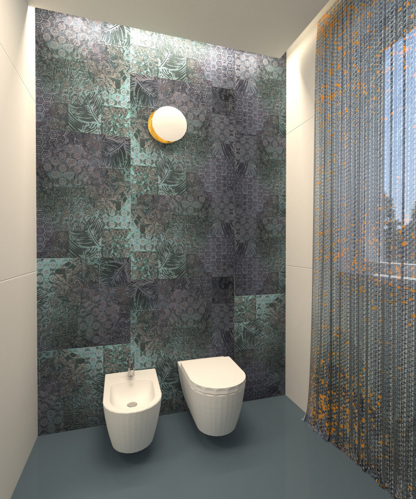 Idéer för ett modernt blå badrum med dusch, med vita skåp, blå kakel, blå väggar och blått golv