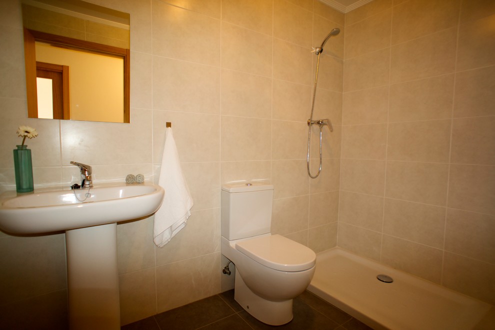 Photo of a small beach style 3/4 bathroom in Other with an open shower, a two-piece toilet and a pedestal sink.