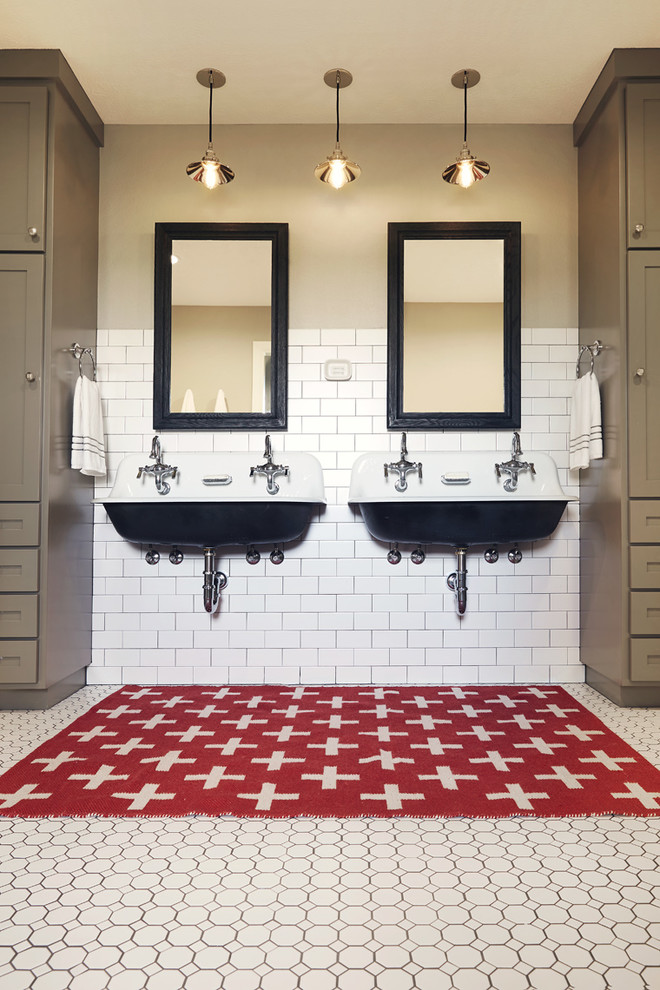 Large mountain style kids' white tile and subway tile mosaic tile floor and white floor bathroom photo with gray cabinets, a wall-mount sink and gray walls