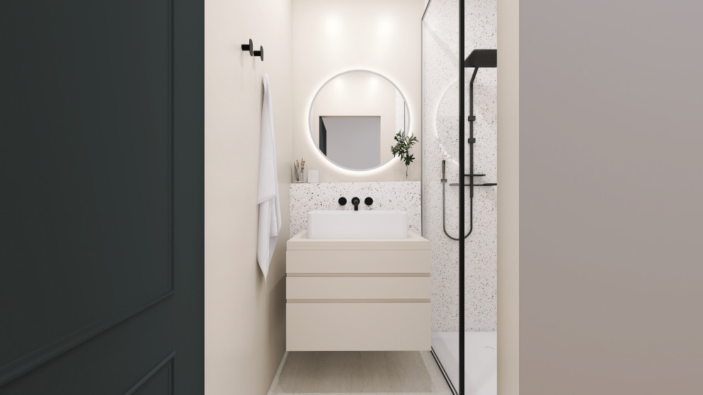 Esempio di una piccola stanza da bagno con doccia minimal con pavimento beige, nicchia, un lavabo e mobile bagno sospeso