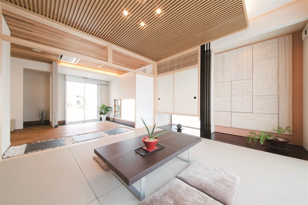 This is an example of an asian family room in Other with beige walls, tatami floors and green floor.