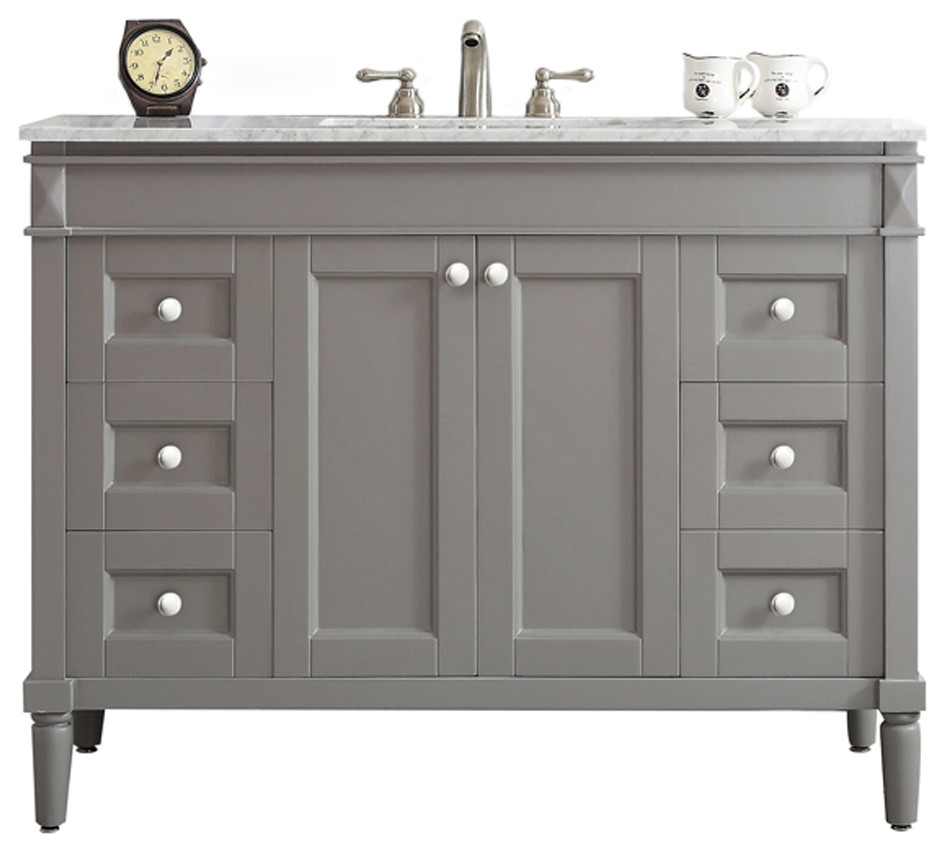 Catania Single Vanity With Carrara White Marble Top, Gray, 48", Without Mirror