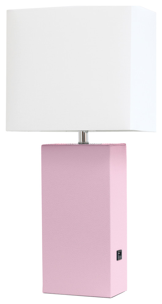 Elegant Designs Leather Table Lamp with USB and White Fabric Shade