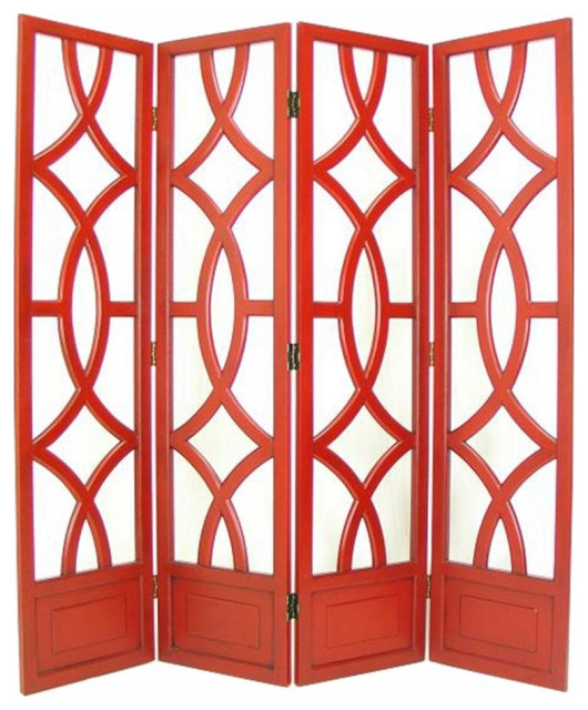 Wooden 4 Panel Room Divider With Open Geometric Design, Red