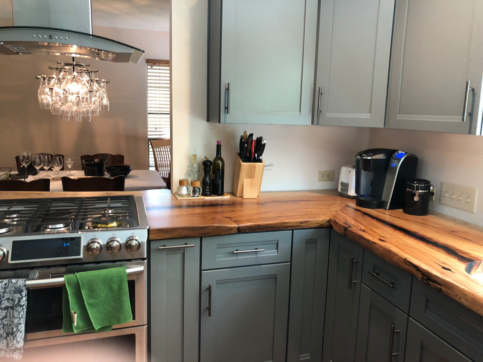 This is an example of a mid-sized l-shaped eat-in kitchen in Austin with an undermount sink, recessed-panel cabinets, green cabinets, wood benchtops, blue splashback, glass tile splashback, stainless steel appliances, terra-cotta floors and orange floor.