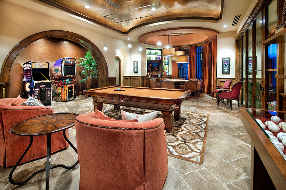 Design ideas for a large mediterranean open concept family room in Houston with a game room and a built-in media wall.