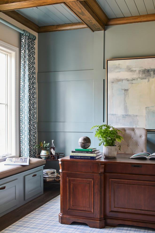 Inspiration for a large eclectic study in Other with blue walls, dark hardwood flooring, a freestanding desk, brown floors, a coffered ceiling and panelled walls.