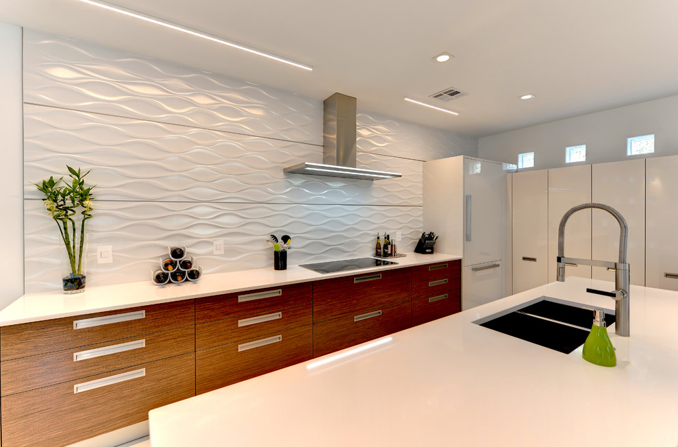 Photo of a large contemporary l-shaped eat-in kitchen in Other with flat-panel cabinets, medium wood cabinets, solid surface benchtops, white splashback, stainless steel appliances, ceramic floors and a peninsula.