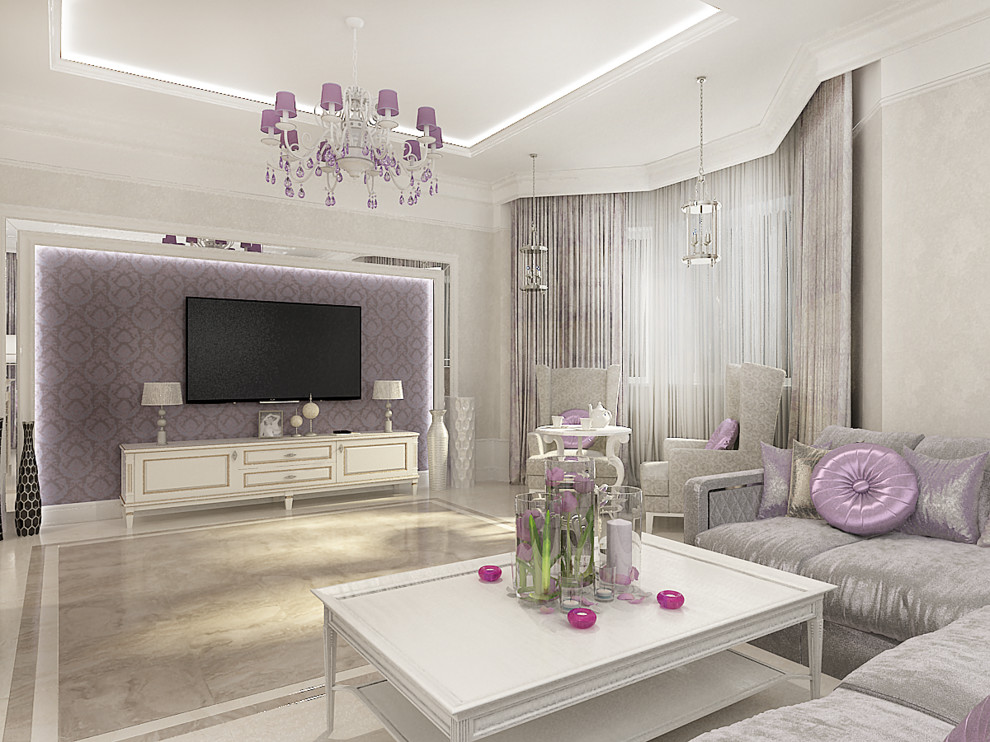 Кухня и гостиная в светлых тонах с сиреневыми акцентами