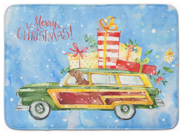Merry Christmas Red Dachshund Machine Washable Memory Foam Mat Doormats