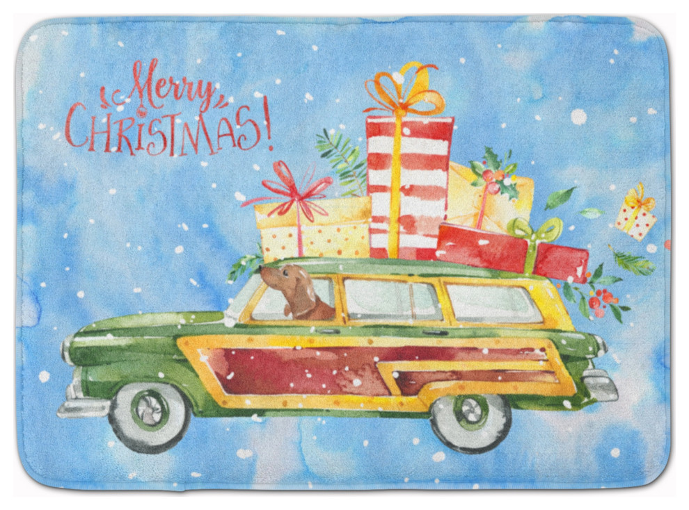 Merry Christmas Red Dachshund Machine Washable Memory Foam Mat Doormats