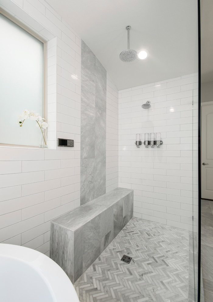 Mid-sized transitional master bathroom in Dallas with raised-panel cabinets, grey cabinets, a japanese tub, an open shower, a two-piece toilet, beige tile, ceramic tile, beige walls, marble floors, an undermount sink, engineered quartz benchtops, grey floor, an open shower and white benchtops.
