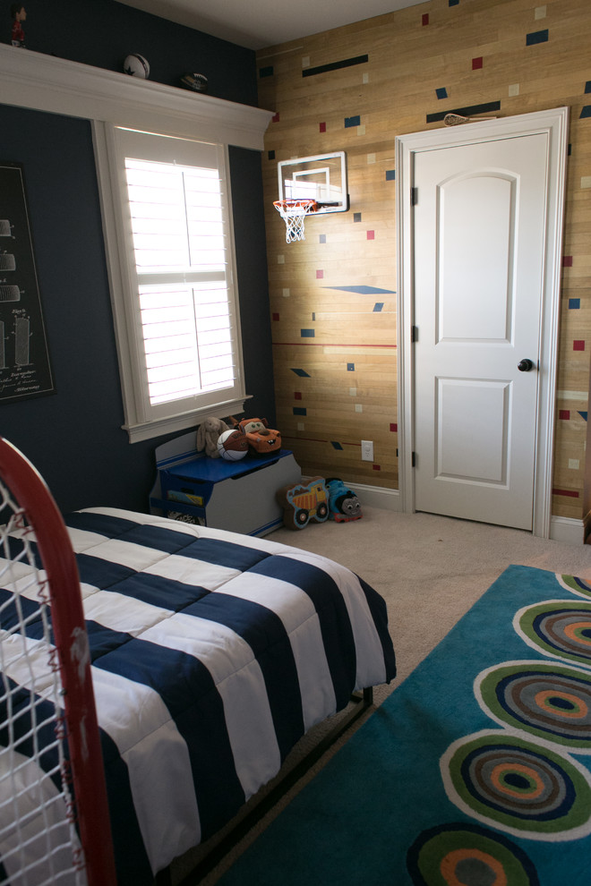 Inspiration for a mid-sized transitional kids' bedroom for kids 4-10 years old and boys in Raleigh with grey walls, carpet and grey floor.
