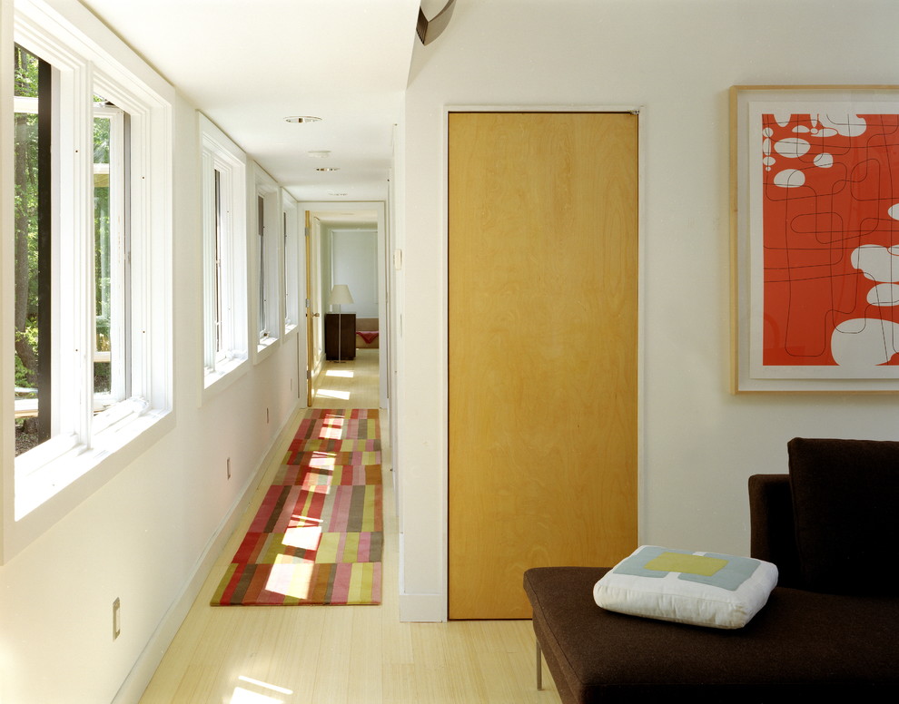 This is an example of a contemporary hallway in Raleigh with light hardwood floors and white walls.