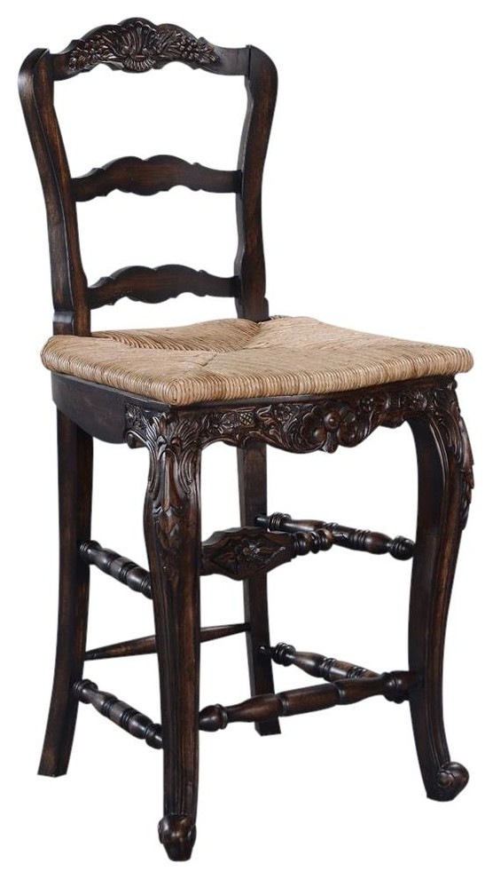 New Bar Height Stool French Country Carved Wood Handwoven Rattan