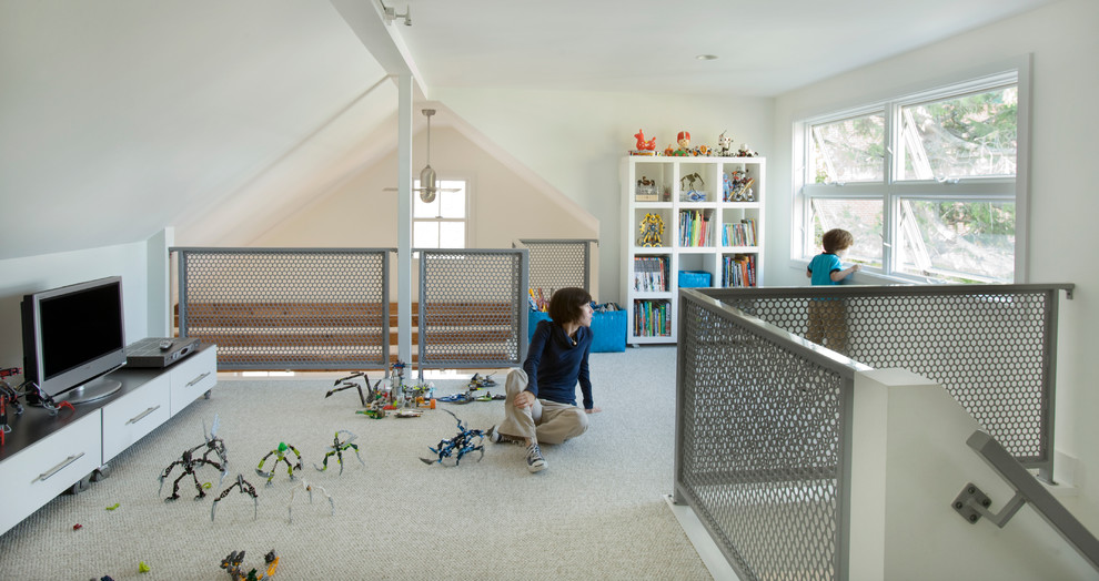 Design ideas for a large contemporary gender-neutral kids' playroom for kids 4-10 years old in Boston with white walls and carpet.