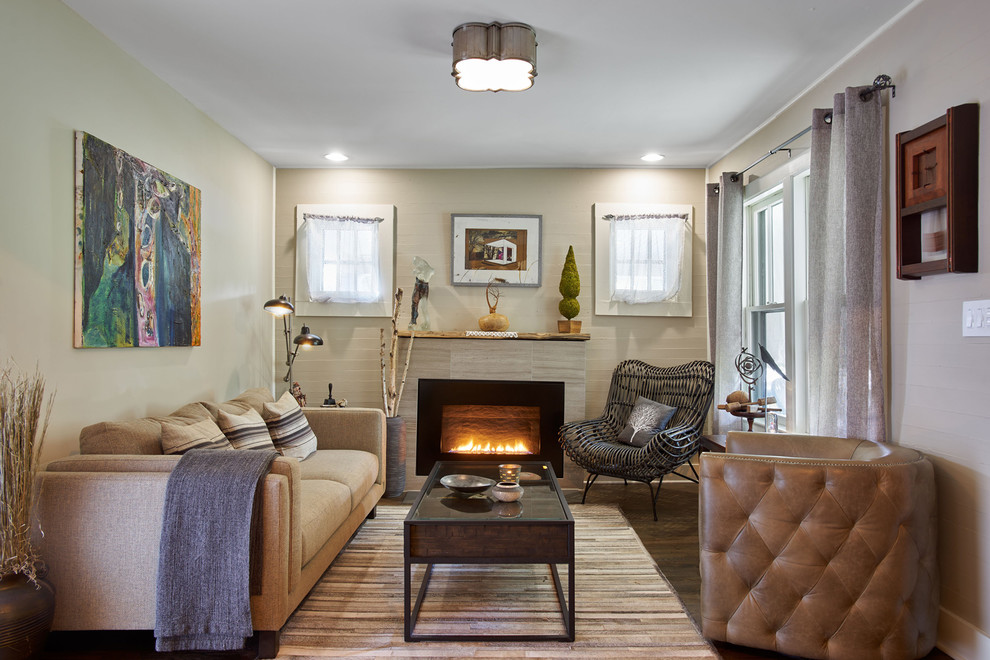 This is an example of a small contemporary enclosed living room in Other with dark hardwood floors, a standard fireplace, a tile fireplace surround and no tv.