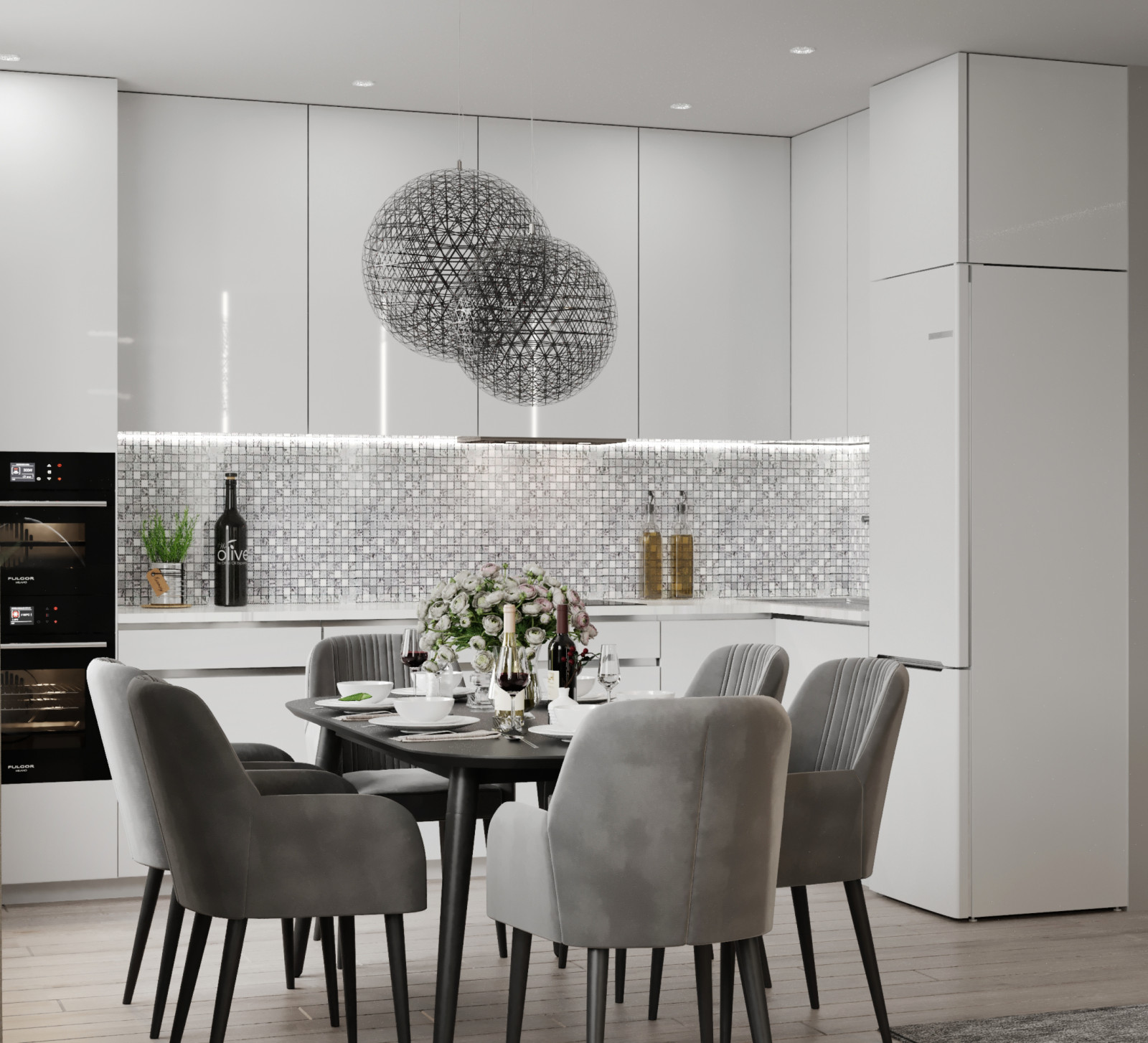 Белая глянцевая кухня и столовая зона