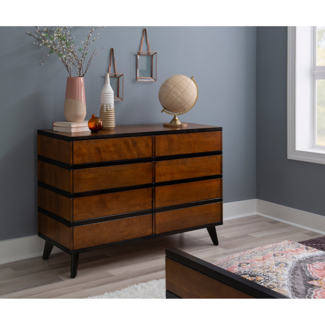 Retro Modern Double Dresser, 2 Tone Design With 6 Storage Drawers, Warm
