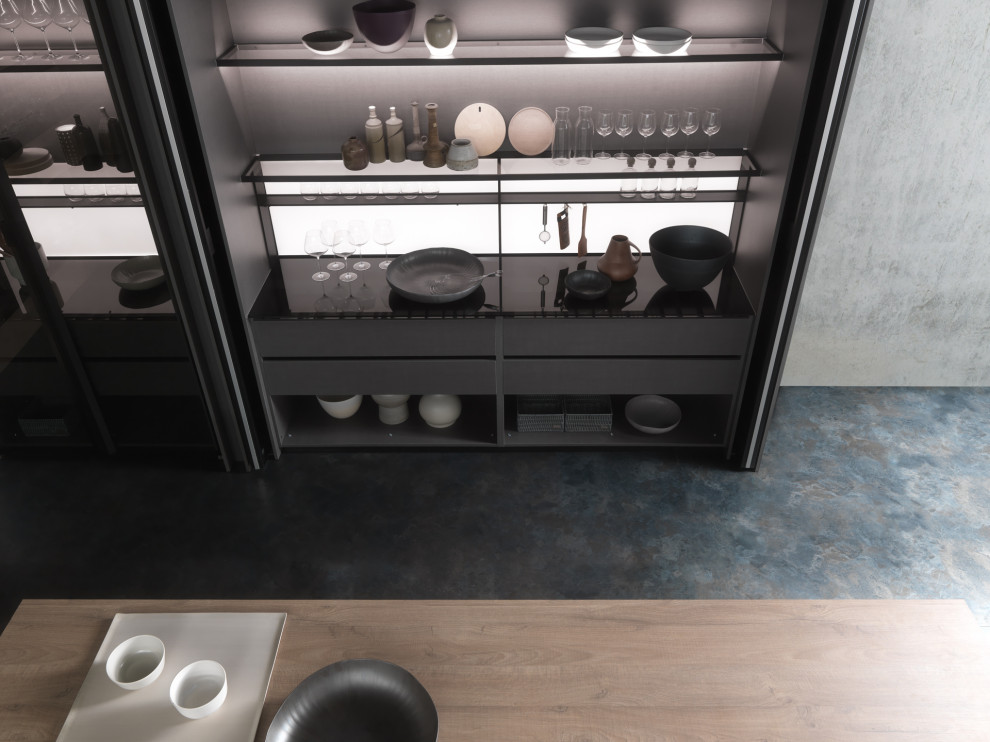 Ispirazione per una grande cucina minimalista con lavello sottopiano, ante lisce, ante beige, top in legno, pavimento in cemento e pavimento grigio