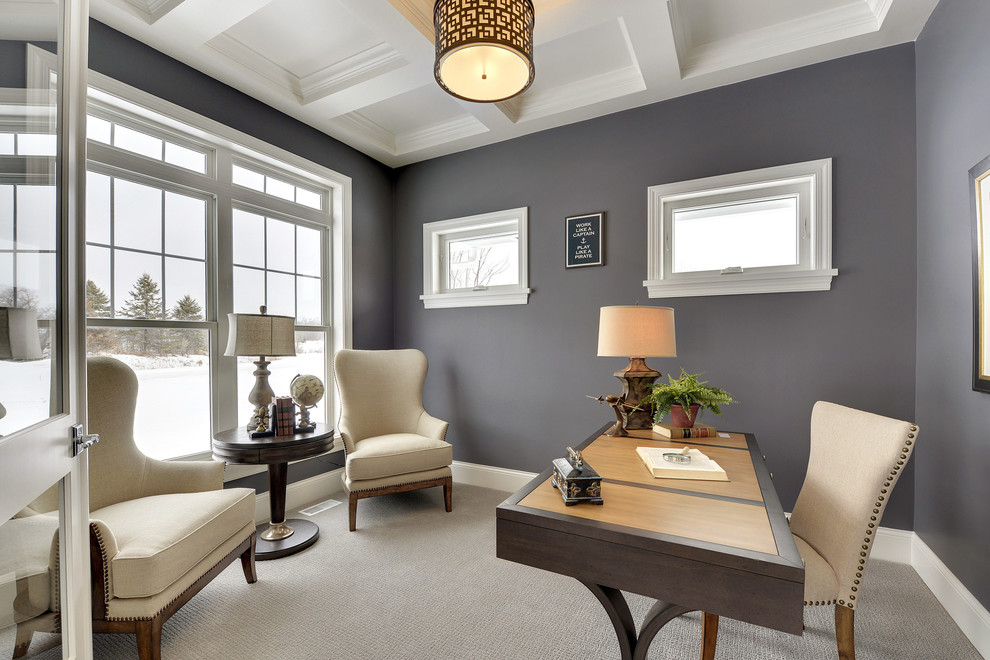 Elegant freestanding desk carpeted study room photo in Minneapolis with gray walls