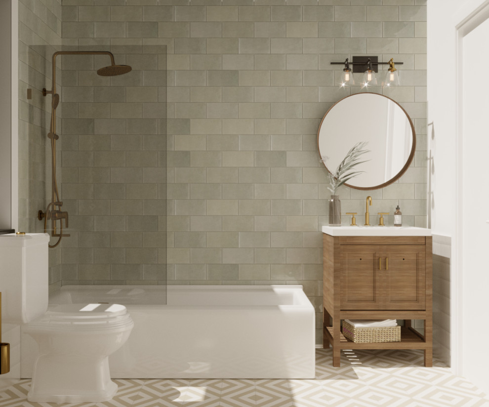 Cette image montre une petite salle de bain avec un combiné douche/baignoire, un carrelage orange et meuble simple vasque.