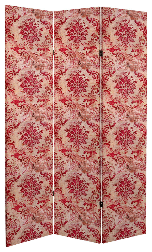 6' Tall Aged Damask Canvas Room Divider Traditional Screens And