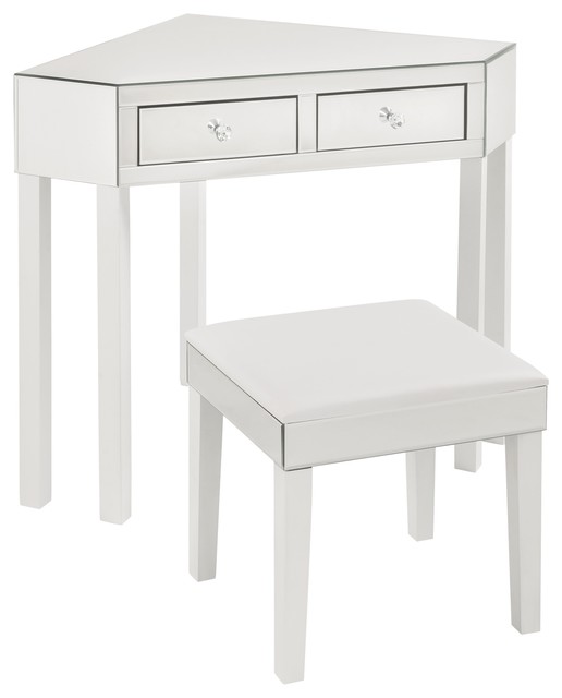 Axelle Mirrored 2 Drawer Corner Vanity Table With Stool Set White