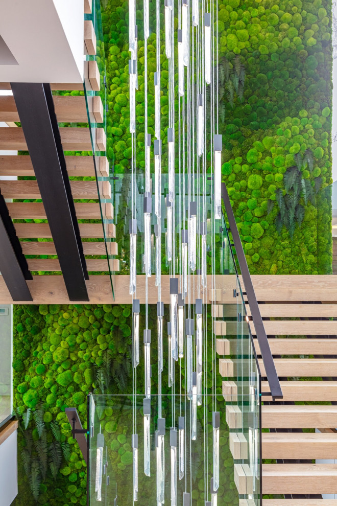 Inspiration för stora moderna flytande trappor i trä, med öppna sättsteg och räcke i glas