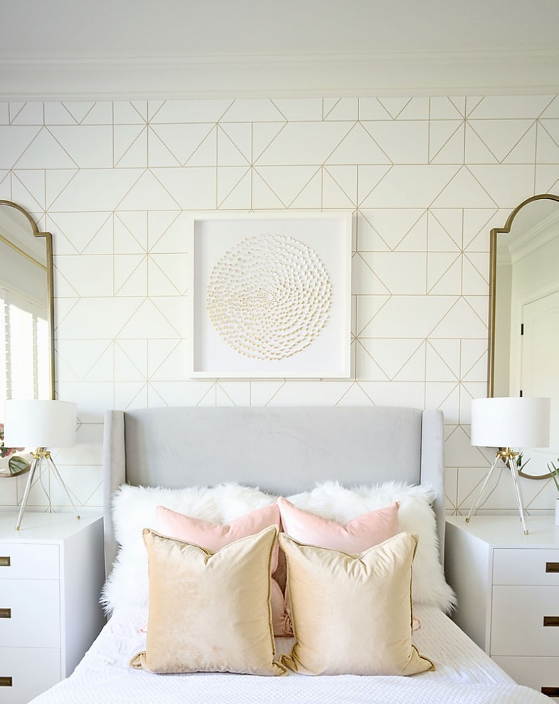 Carob Drive Teen Room Project - Example of a bedroom and mid-sized transitional girl brown floor kids' bedroom design in Phoenix with white walls