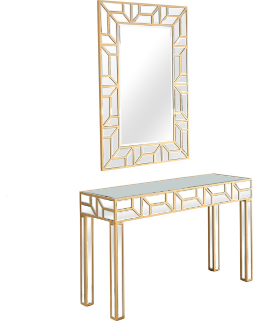 Cassandra 47.25" Gold Rectangle Glass Console Table, Wall Mirror