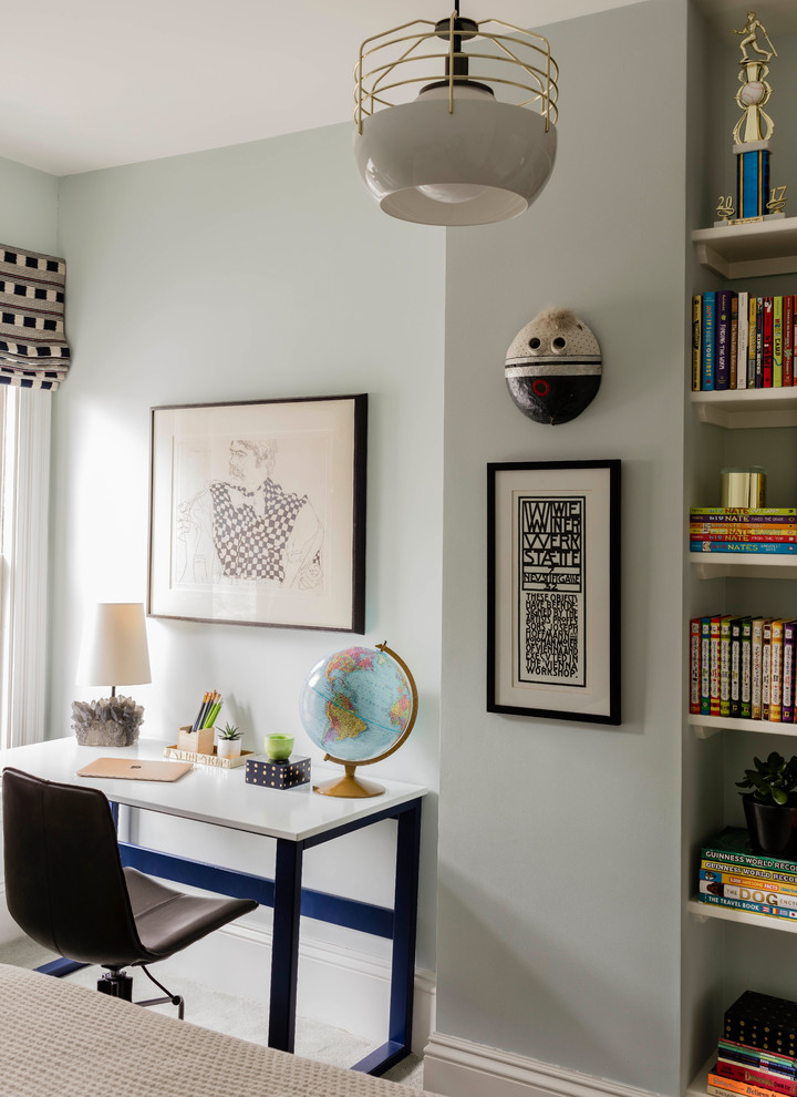 Mid-sized transitional guest carpeted and beige floor bedroom photo in Boston with gray walls