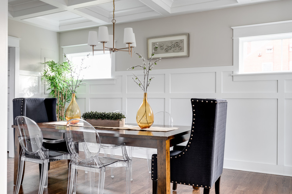 Inspiration for a transitional dining room in Richmond with grey walls, dark hardwood floors, brown floor, coffered and decorative wall panelling.
