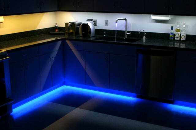 led tape lighting at toe kick kitchen perimeter