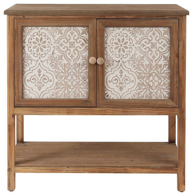 LuxenHome 31.75-inch H Rustic Natural Wood 2-Door Floral Storage Cabinet