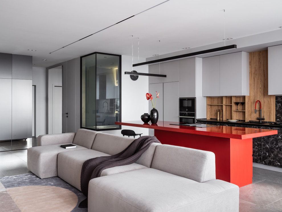 This is an example of a mid-sized contemporary living room in Moscow with a home bar, grey walls, porcelain floors, a ribbon fireplace, a wall-mounted tv, grey floor, recessed and decorative wall panelling.