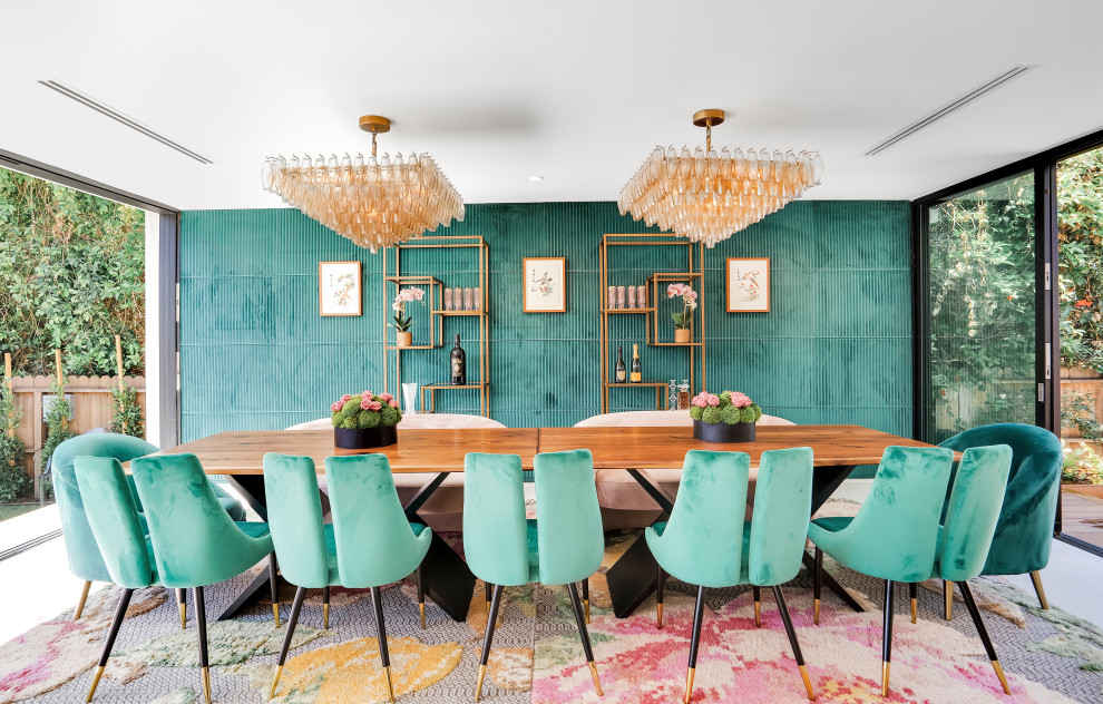 Design ideas for a contemporary open plan dining in Los Angeles with green walls, no fireplace and panelled walls.