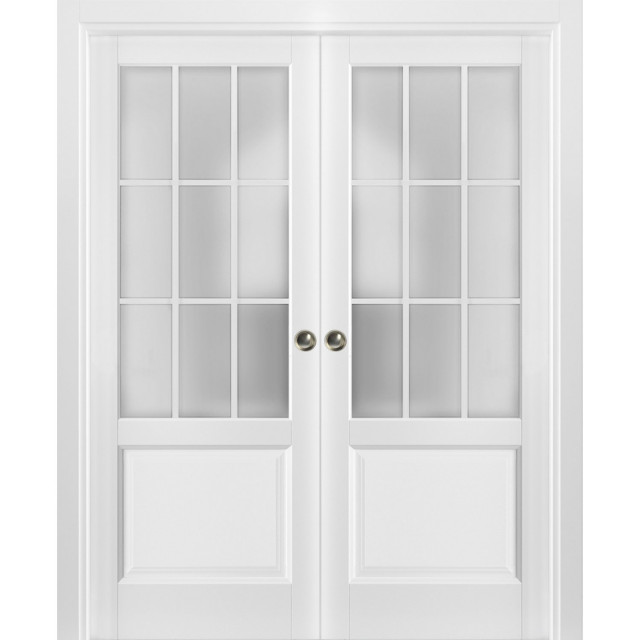 Kit Trims Rail Hardware Felicia 3309 Matte White Solid Wood Interior Bedroom Sturdy Doors Sliding French Double Pocket Doors 48 x 80 inches Frosted Glass 9 Lites
