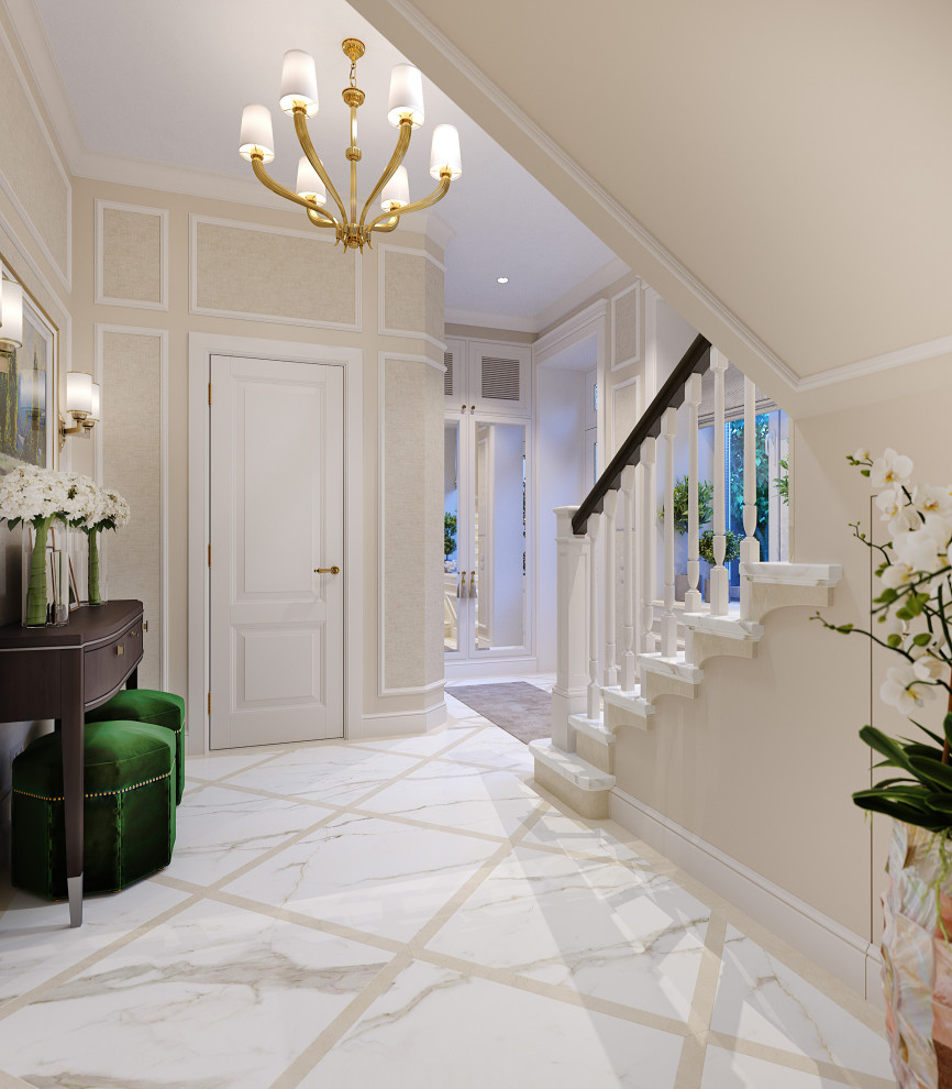 Mid-sized traditional foyer in Houston with beige walls, marble floors, a single front door, a glass front door, white floor and panelled walls.